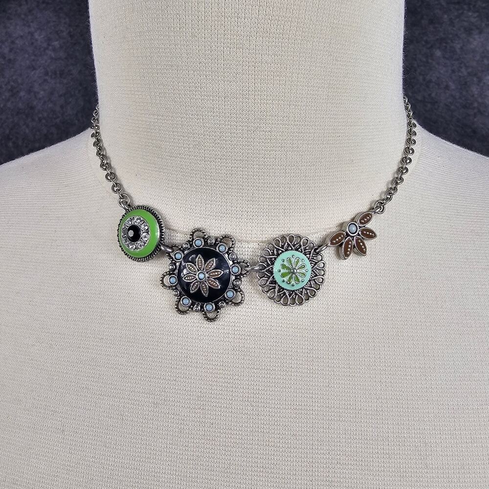 Lia Sophia Botanica Choker Necklace Floral Enamel Rhinestones Silver Tone Chain